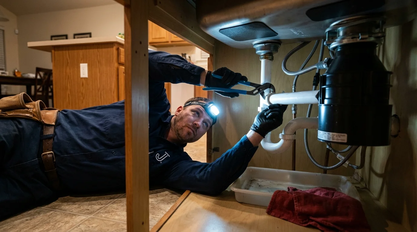 P-trap and supply line connections under a kitchen sink showing a common leak point in Barceloneta, PR